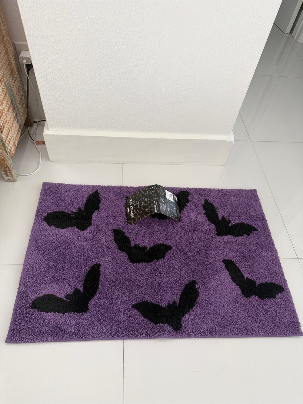 Spooky Spa Halloween Purple Bat Pattern Bath Mat - Black Accent